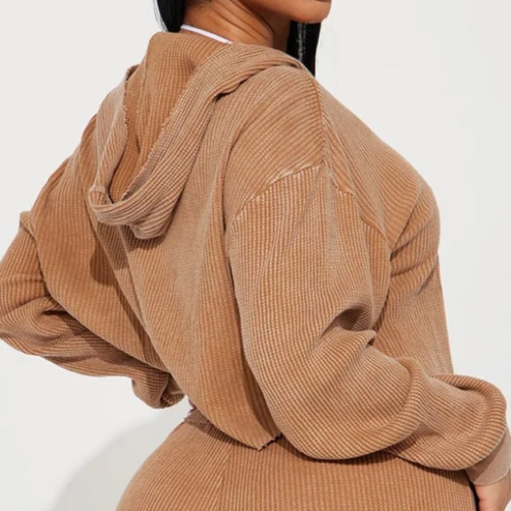Fashion Nova Brown Cropped Zip Up Waffle Hoodie Top Small